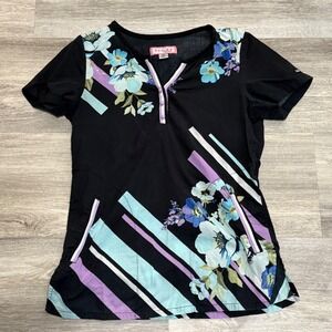 Koi by Kathy Peterson XS Scrub Top Floral Print Teal Purple‎ Black Professional